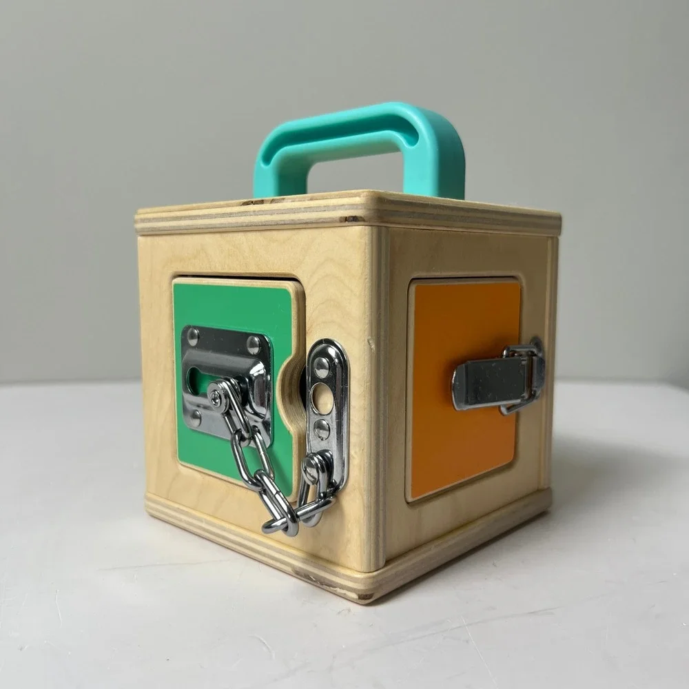 Lovevery Lockbox Toy Toddler OS Tan Montessori Wooden Latches Activity Cube Box